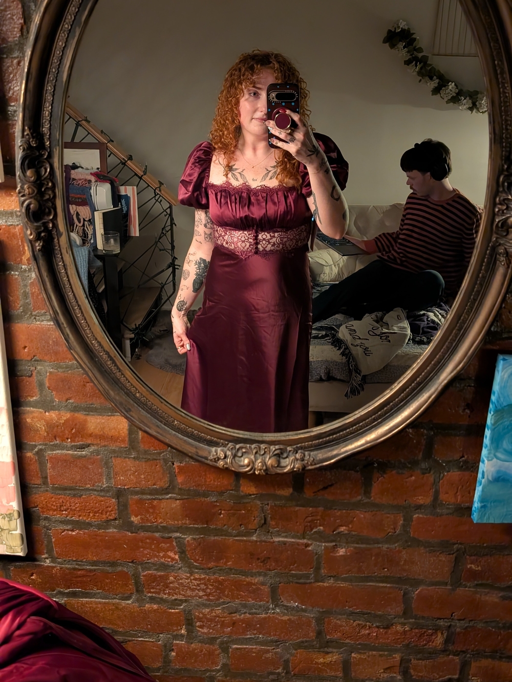 BHLDN Burgundy Satin Maxi Dress with Lace Waist